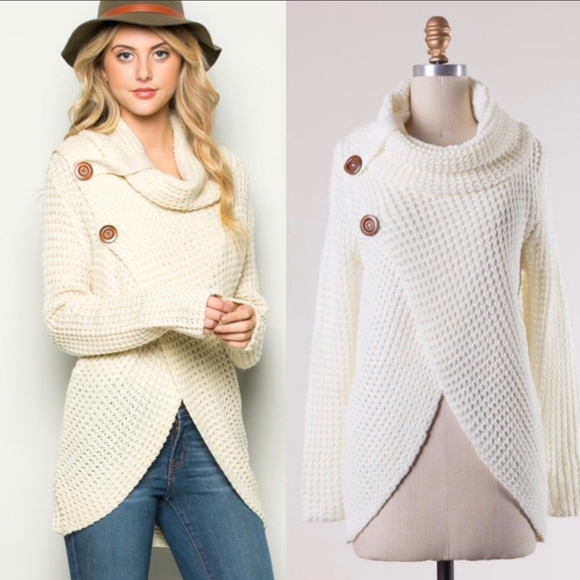 Cream Cowl Neck Knit Button Sweater Top - Picture 3 of 8